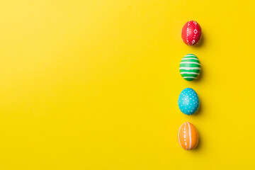 holiday preparation Multi colors Easter eggs on colored background . Pastel color Easter eggs. holiday concept with copy space