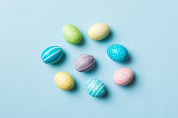 holiday preparation Multi colors Easter eggs on colored background . Pastel color Easter eggs. holiday concept with copy space