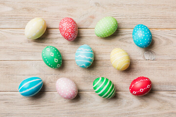 holiday preparation Multi colors Easter eggs on colored background . Pastel color Easter eggs. holiday concept with copy space
