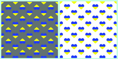 Set of vector seamless patterns. Yellow-blue hearts on an isolated background. 