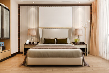 3d rendering beautiful luxury bedroom suite in hotel with tv and shelf