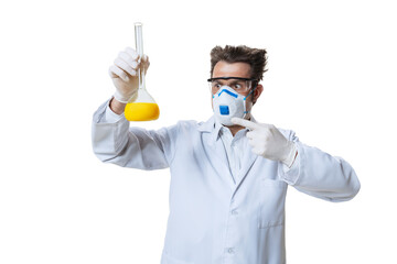 Young chemist, doctor wearing white gown, face mask and gloves conducts chemical research isolated on white background. Concept of healthcare, pharmaceuticals, medicine.