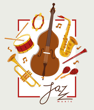 Jazz music band poster different instruments vector flat illustration, live sound festival or concert advertising flyer or banner, play different instruments orchestra.