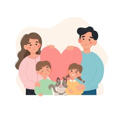 Happy family concept. Parents with kids and cat. Cute vector illustration in flat cartoon style