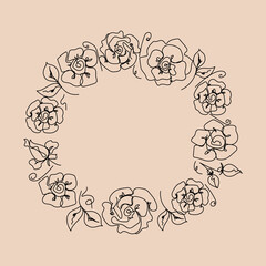 Rose continuous line wedding wreath, outline sketch style vector abstract art.