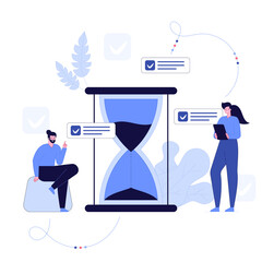 Time planning job, deadline and effective work flow management concept. Task organization and optimization. Freelancers near a big sand watch trying to finish project on time. Vector illustration