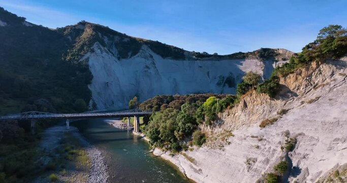 Early morning aerial towards Mangaweka road bridge over Rangitikei river-NZ