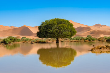 Namibia, reflection of the dunes in the Namib desert
