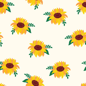 Sunflowers seamless vector pattern. Sunflower background with yellow florals on beige white. Summer flowers repeating pattern for summer fabric, gift wrap, summer home decor, autumn decor.