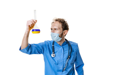 Young chemist, doctor wearing blue uniform, face mask and gloves conducts chemical research isolated on white background. Concept of healthcare, pharmaceuticals, medicine.