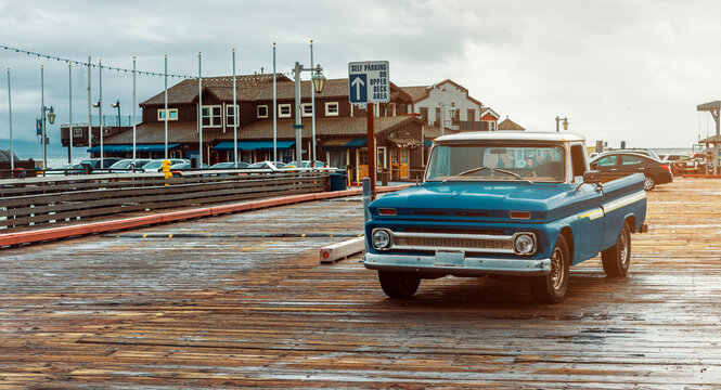 classic American brand pickup truck on the iconic Stearns Wharf, in Santa Barbara, California, USA 