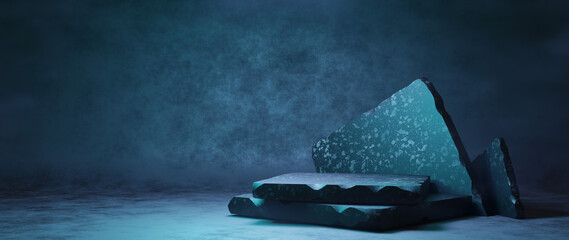 Illustration of blue terrazzo marble podium on black background banner 3D rendering - obrazy, fototapety, plakaty