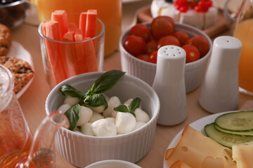 Dishes with different food on table. Luxury brunch