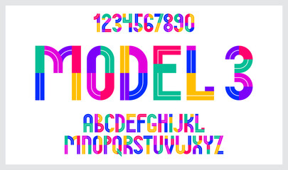 Children colorful geometric font vector alphabet, kid play game typeset, original letters can be used for logo creation, uppercase and numbers.