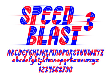Speed blast sport style font, vector geometric futuristic alphabet, numbers included, 90s style technology typeface, useful for logo creation.