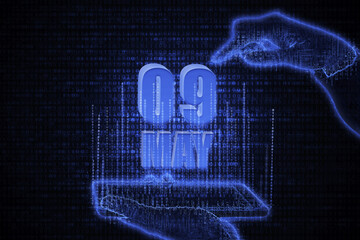 May 9th. A hand holding a phone with a calendar date on a futuristic neon blue background. Day 9 of month.