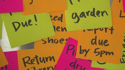 Camera Dolly Left Past Stacked Reminder Notes and Hand Adds Memo That Says Schedule Time to Relax