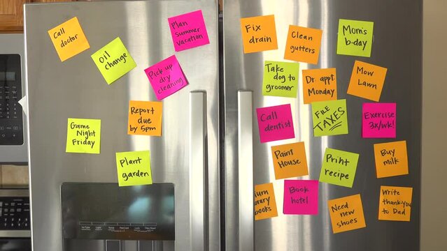 Refrigerator Filled With Reminder Notes and Hand Adds File Taxes Memo