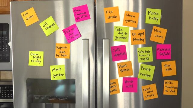 Refrigerator Filled With Reminder Notes and Hand Add Schedule Time to Relax Memo
