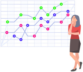 Woman studies statistics on presentation. Female character while working or studying with report. Girl working and analyzing financial statistics. Female marketer examines information about metrics