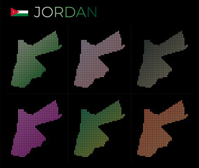 Fototapeta premium Jordan dotted map set. Map of Jordan in dotted style. Borders of the country filled with beautiful smooth gradient circles. Beautiful vector illustration.