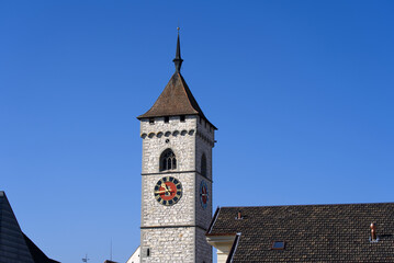 Fototapeta premium Aerial view over City of Schaffhausen with protestant church St. Johann on a sunny spring day. Photo taken March 5th, 2022, Schaffhausen, Switzerland.