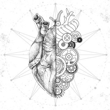 Realistic and punk style human heart illustration. Human heart silhouette with gears. Vector illustration