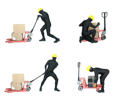 Anonymous workers dealing with heavy packages at forklift