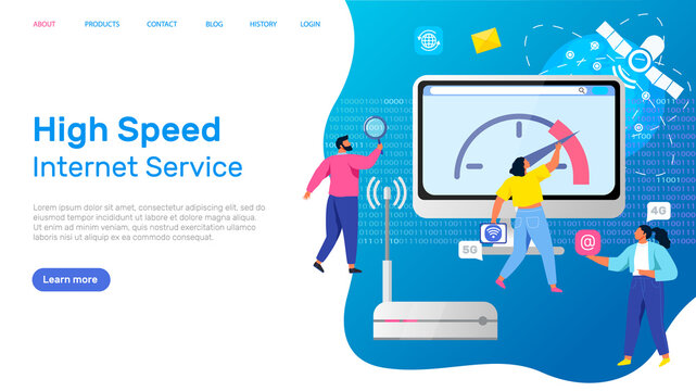 Landing page template of High speed internet service, wi-fi connection concept with computer and people. Modern perfect technologies, digital engineering. Network communication wireless internet