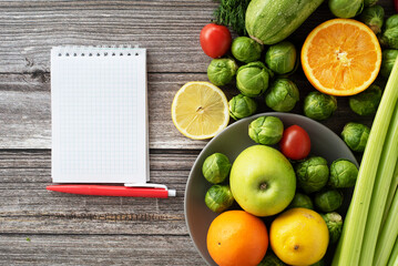 Flat lay on healthy products for proper nutrition. The concept of the beginning of a new life for weight loss, sports, nutrition