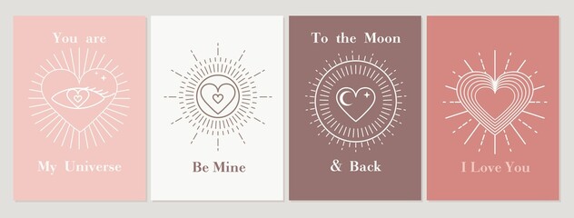 Happy Valentine's day minimalist card set in bohemian style. Linear flat style geometric vector illustration for logo, print, banner, invitation. Vintage elegant Valentine's day background with hearts