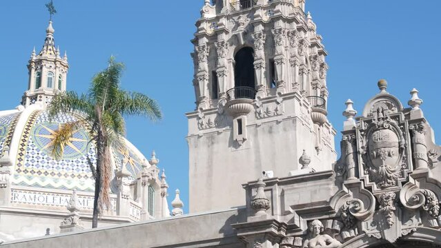Spanish colonial revival architecture in Balboa Park, San Diego, California USA. Historic building, classic baroque or rococo romance style. Bell tower or belfry relief decor and mosaic dome or cupola