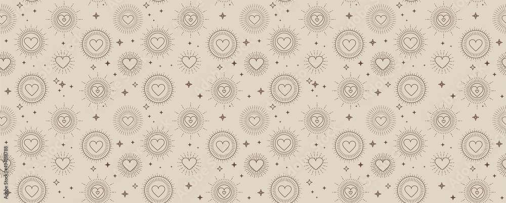 Valentine's day bohemian pattern with geometric hearts and stars. Minimalist background for Mother's day, Valentine's day, wedding, Birthday, wallpaper etc. Flat style vector illustration