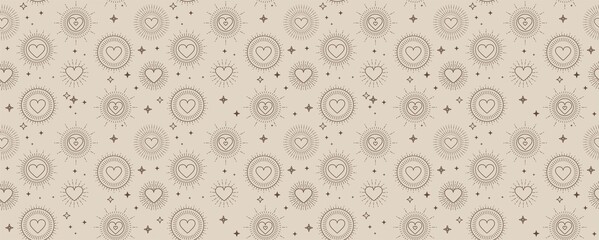 Valentine's day bohemian pattern with geometric hearts and stars. Minimalist background for Mother's day, Valentine's day, wedding, Birthday, wallpaper etc. Flat style vector illustration
