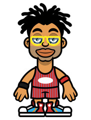 Cartoon illustration of dreadlocks men wearing glasses and basketball jersey, best for mascot, logo, and sticker with basketball competition themes