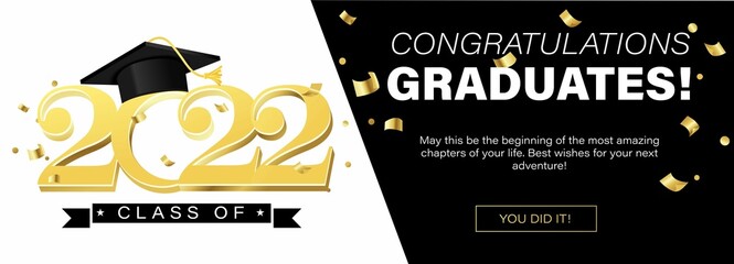 Congratulations graduates banner concept. Class of 2022. Graduation design template for websites, social media, blogs, greeting cards or party invitations.