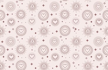 Valentine's day bohemian pattern with geometric hearts and stars. Minimalist background for Mother's day, Valentine's day, wedding, Birthday, wallpaper etc. Flat style vector illustration