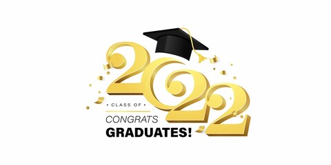 Congrats Graduates vector concept.Class of 2022 design for graduation ceremony invitation, party, high school or college yearbook. Gold typography letters, flying confetti and academic cap on white © mitoria