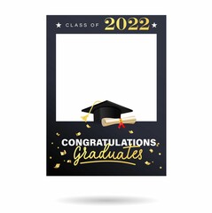 Graduation photo frame with university or high school cap and diploma scroll. Class of 2022 elegant design for grad party, selfie, photo zone, album etc. Photo booth prop Vector illustration.