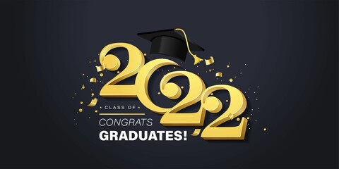 Congrats Graduates vector concept.Class of 2022 design for graduation ceremony invitation, party, high school or college yearbook. Gold typography letters, flying confetti and academic cap on white © mitoria