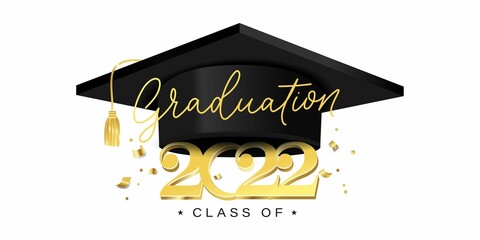 Congratulations graduates banner with cap and golden design elements. Class of 2022. Graduation black and gold logo. Grad concept for high school or college party, photo album etc.Vector illustration.