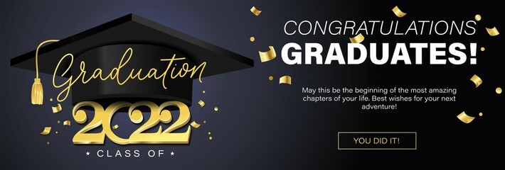 Congratulations graduates banner concept. Class of 2022. Graduation design template for websites, social media, blogs, greeting cards or party invitations.