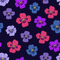 Fototapeta premium Seamless vector pattern of violets flowers. Background for greeting card, website, printing on fabric, gift wrap, postcard and wallpapers. 