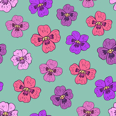 Fototapeta na wymiar Seamless vector pattern of violets flowers. Background for greeting card, website, printing on fabric, gift wrap, postcard and wallpapers. 