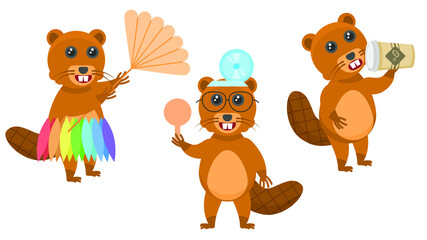 Set Abstract Collection Flat Cartoon Different Animal Beavers With A Fan In A Dress, Drinking Coffee From A Glass, Ophthalmologist With Scapula Vector Design Style Elements Fauna Wildlife