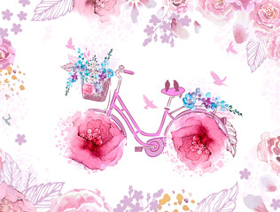 Hand drawing print design. Bicycle with flowers wheels. vector illustration .