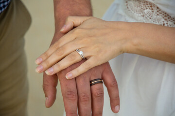 rings on the hands of the groom and the bride