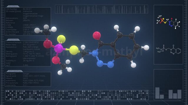 Molecule of azinphos-methyl with infographics on the computer monitor, loopable 3d animation
