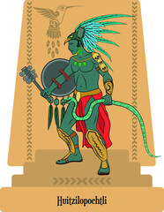 vector illustration of gods of aztec mythology,  huitzilopochtli - obrazy, fototapety, plakaty