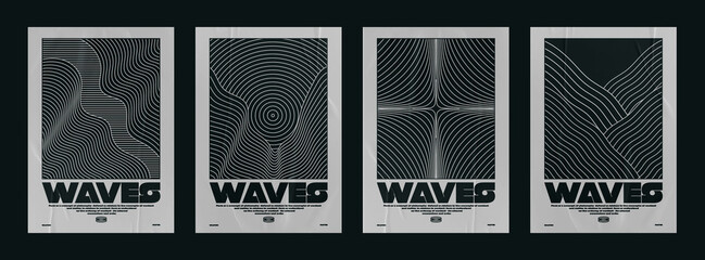 Collection of modern abstract posters with optical waves. In techno style, psychedelic design, prints for T-shirts and hoodies. Isolated on black background